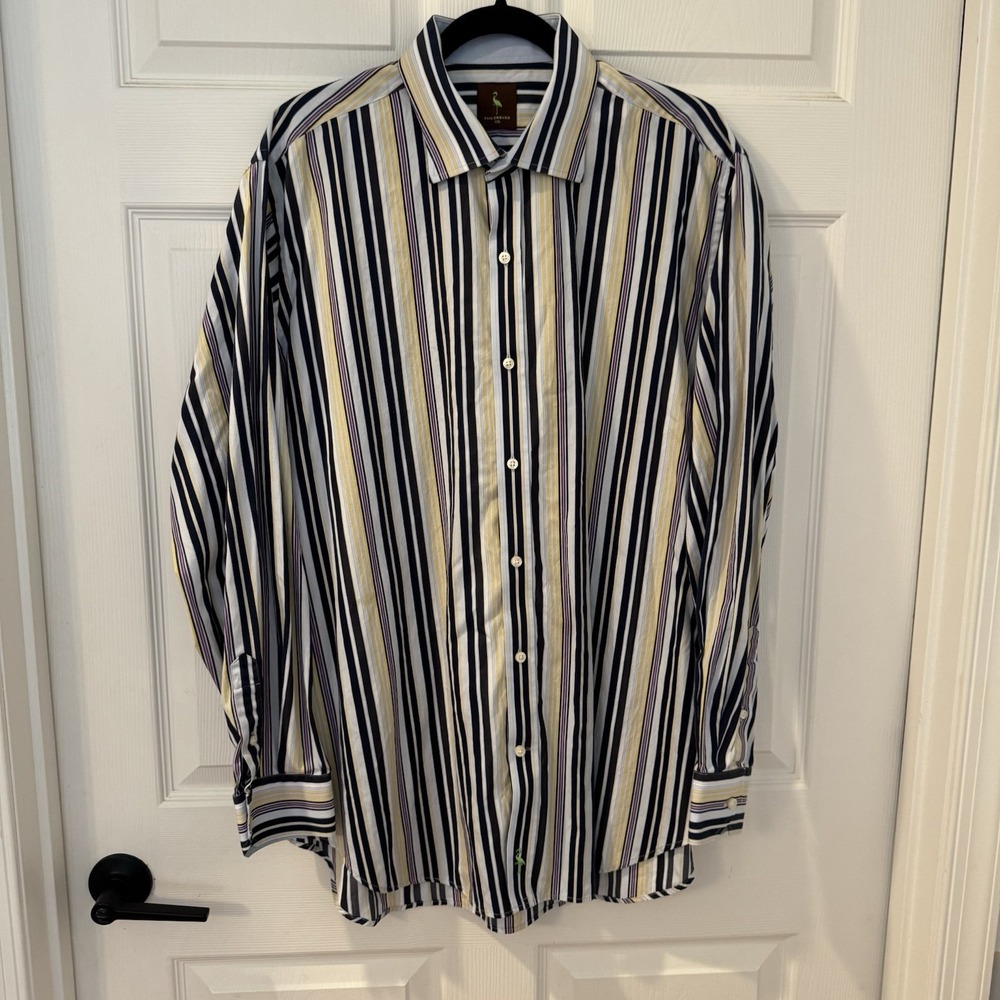 Tailorbyrd Men's Sz 2XL Cotton Button Up Shirt Multi Colored Stripe Long Sleeve